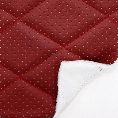 Экокожа стеганая перфорированная Ромб Красная с Красной строчкой